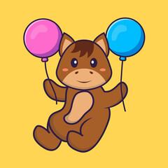 Cute horse flying with two balloons. Animal cartoon concept isolated. Can used for t-shirt, greeting card, invitation card or mascot. Flat Cartoon Style