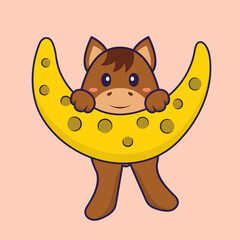 Cute horse is on the moon. Animal cartoon concept isolated. Can used for t-shirt, greeting card, invitation card or mascot. Flat Cartoon Style