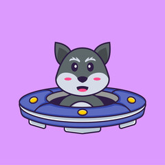 Cute fox Driving Spaceship Ufo. Animal cartoon concept isolated. Can used for t-shirt, greeting card, invitation card or mascot. Flat Cartoon Style