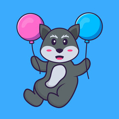 Cute fox flying with two balloons. Animal cartoon concept isolated. Can used for t-shirt, greeting card, invitation card or mascot. Flat Cartoon Style