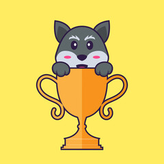 Cute fox with gold trophy. Animal cartoon concept isolated. Can used for t-shirt, greeting card, invitation card or mascot. Flat Cartoon Style