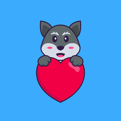 Cute fox holding a big red heart. Animal cartoon concept isolated. Can used for t-shirt, greeting card, invitation card or mascot. Flat Cartoon Style