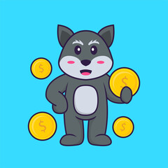 Cute fox holding coin. Animal cartoon concept isolated. Can used for t-shirt, greeting card, invitation card or mascot. Flat Cartoon Style