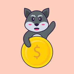 Cute fox holding coin. Animal cartoon concept isolated. Can used for t-shirt, greeting card, invitation card or mascot. Flat Cartoon Style