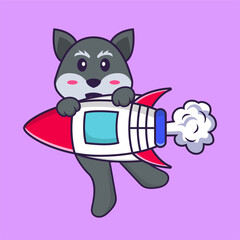 Cute fox flying on rocket. Animal cartoon concept isolated. Can used for t-shirt, greeting card, invitation card or mascot. Flat Cartoon Style