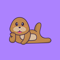 Obraz premium Cute dog lying down. Animal cartoon concept isolated. Can used for t-shirt, greeting card, invitation card or mascot. Flat Cartoon Style
