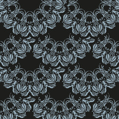 Dark dewy seamless pattern with blue vintage ornaments. Indian floral element. Graphic ornament for wallpaper, fabric, packaging, wrapping.