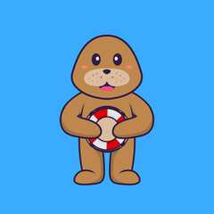 Cute dog holding a buoy. Animal cartoon concept isolated. Can used for t-shirt, greeting card, invitation card or mascot. Flat Cartoon Style