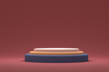 minimal podium or pedestal display on red background for cosmetic product presentation