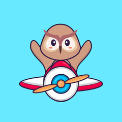 Cute owl flying on a plane. Animal cartoon concept isolated. Can used for t-shirt, greeting card, invitation card or mascot. Flat Cartoon Style