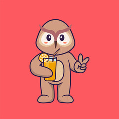 Cute owl holding orange juice in glass. Animal cartoon concept isolated. Can used for t-shirt, greeting card, invitation card or mascot. Flat Cartoon Style