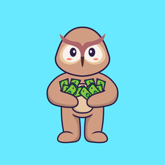 Cute owl holding money. Animal cartoon concept isolated. Can used for t-shirt, greeting card, invitation card or mascot. Flat Cartoon Style