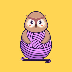Cute owl playing with wool yarn. Animal cartoon concept isolated. Can used for t-shirt, greeting card, invitation card or mascot. Flat Cartoon Style