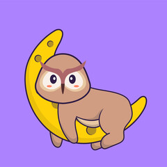 Cute owl is on the moon. Animal cartoon concept isolated. Can used for t-shirt, greeting card, invitation card or mascot. Flat Cartoon Style