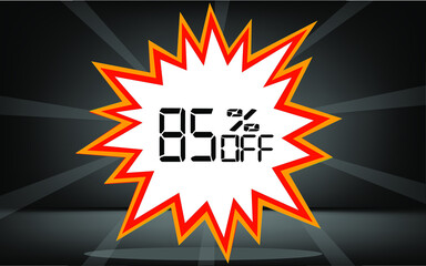 85 percent off. Banner with discount explosion for promotions and offers.