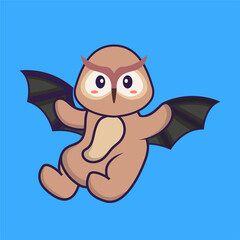Cute owl is flying with wings. Animal cartoon concept isolated. Can used for t-shirt, greeting card, invitation card or mascot. Flat Cartoon Style