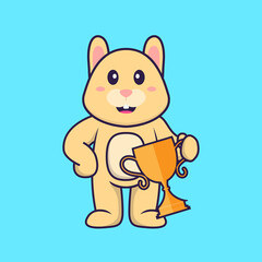 Fototapeta premium Cute rabbit holding gold trophy. Animal cartoon concept isolated. Can used for t-shirt, greeting card, invitation card or mascot. Flat Cartoon Style