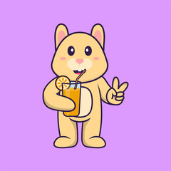 Cute rabbit holding orange juice in glass. Animal cartoon concept isolated. Can used for t-shirt, greeting card, invitation card or mascot. Flat Cartoon Style
