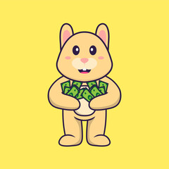 Cute rabbit holding money. Animal cartoon concept isolated. Can used for t-shirt, greeting card, invitation card or mascot. Flat Cartoon Style