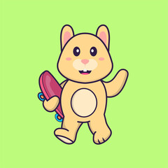 Cute rabbit holding a skateboard. Animal cartoon concept isolated. Can used for t-shirt, greeting card, invitation card or mascot. Flat Cartoon Style