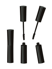 Hand Drawn Cartoon Fashion Illustration Makeup Tools Mascara. Vector Set Drawing Beauty Products. Art Work Collection Decorative Cosmetics