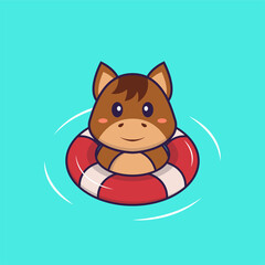 Cute horse is Swimming with a buoy. Animal cartoon concept isolated. Can used for t-shirt, greeting card, invitation card or mascot. Flat Cartoon Style