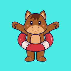 Cute horse using a float. Animal cartoon concept isolated. Can used for t-shirt, greeting card, invitation card or mascot. Flat Cartoon Style