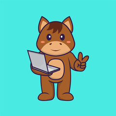 Cute horse holding laptop. Animal cartoon concept isolated. Can used for t-shirt, greeting card, invitation card or mascot. Flat Cartoon Style