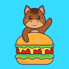 Cute horse eating burger. Animal cartoon concept isolated. Can used for t-shirt, greeting card, invitation card or mascot. Flat Cartoon Style