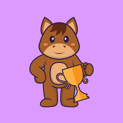 Cute horse holding gold trophy. Animal cartoon concept isolated. Can used for t-shirt, greeting card, invitation card or mascot. Flat Cartoon Style