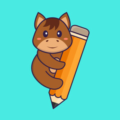 Cute horse holding a pencil. Animal cartoon concept isolated. Can used for t-shirt, greeting card, invitation card or mascot. Flat Cartoon Style
