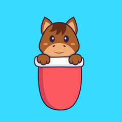 Cute horse in red pocket. Animal cartoon concept isolated. Can used for t-shirt, greeting card, invitation card or mascot. Flat Cartoon Style