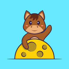 Cute horse is on the moon. Animal cartoon concept isolated. Can used for t-shirt, greeting card, invitation card or mascot. Flat Cartoon Style