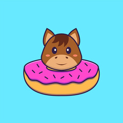 Cute horse with a donut on his neck. Animal cartoon concept isolated. Can used for t-shirt, greeting card, invitation card or mascot. Flat Cartoon Style