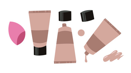 Hand Drawn Cartoon Fashion Illustration Makeup Tools Liquid Сorrector. Vector Set Drawing Beauty Products Сoncealers. Art Work Collection Decorative Cosmetics Skin Tone