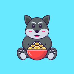 Cute fox eating ramen noodles. Animal cartoon concept isolated. Can used for t-shirt, greeting card, invitation card or mascot. Flat Cartoon Style