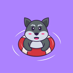 Cute fox is Swimming with a buoy. Animal cartoon concept isolated. Can used for t-shirt, greeting card, invitation card or mascot. Flat Cartoon Style