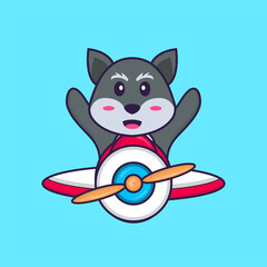 Cute fox flying on a plane. Animal cartoon concept isolated. Can used for t-shirt, greeting card, invitation card or mascot. Flat Cartoon Style