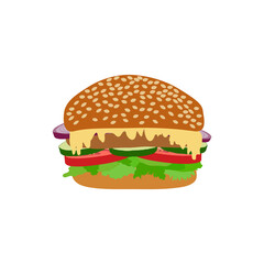 Fresh, delicious hamburger with cutlet, cheese, cucumbers, tomatoes and lettuce leaves on a white background.