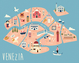 Illustrated map of Venice with famous symbols, landmarks and building.