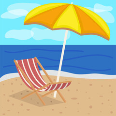 Beach umbrella and sun lounger on the beach with sand against the background of the sea and sky