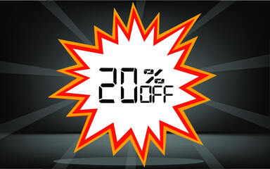20 percent off. Banner with discount explosion for promotions and offers.