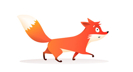 Cute red fox walking, funny cartoon for children of a wild fox cub with bushy tail, character in motion. Vector design in watercolor style for children isolated on white.