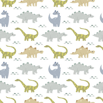 Pattern in the nursery with cute dinosaurs. Jurassic reptiles. Pastel colors. Brachiosaurus, ptereosaurus, tyrannosaurus, spinosaurus, talarus.