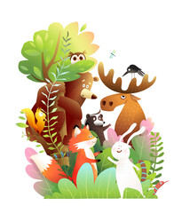 Animals of the forest together on a big tree. Bear, moose, rabbit, skunk snake and owl cute friends of the green forest. Colorful watercolor style vector cartoon for children.