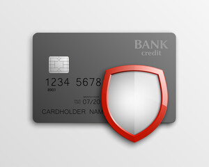 Protection shield credit card. Safety badge banking card. Safeguard finans icon. Security shield Plastic card software. Debit card guard electromagnetic chip. Privacy Electronic money funds transfer.