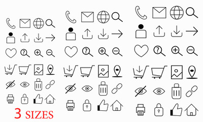 Most used icons. Webdesign icons, three sizes, vector design.