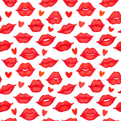 Fototapeta premium Hand draw crayons seamless pattern. Grunge stamps illustration. Lips, kiss, heart doodles collection. Symbol of love. Isolated on white background. Wedding or Valentine's template. Romantic design.