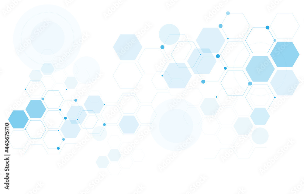 Wall mural geometric abstract background with blue hexagons. structure molecule and communication. science, tec