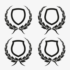 Protect guard shield wreath concept. Outline shield badge. Safety icon set. Privacy banner kit. Security label. Flat style protect garland sticker symbol shape. Safeguard simple sign wreath pictogram